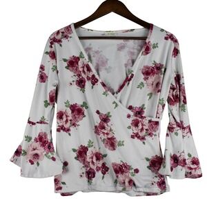Pinc Womens XL Floral Faux Wrap Top V-Neck Bell Sleeve‎ Boho Blouse